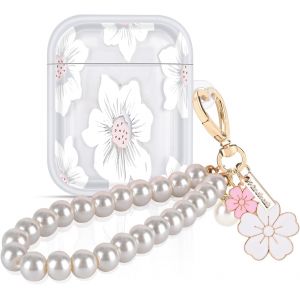 acdsgd-tui Compatible avec AirPods 1/2 G&eacute;n&eacute;ration avec Porte-cl&eacute;s Perles, Housse en TPU Transparente avec Dessin de Cam&eacute;lia Blanc pour Filles, Coque de Protection Antichoc Anti-Rayures Antid&eacute;rapant - Neuf