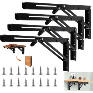 Lot de 4 consoles pliantes - Charge lourde - 400 mm - Noir - Charni&egrave;re pliante en acier inoxydable - Table murale pliante - Angle de pliage 90 &deg; - Pour la maison, la cuisine, le bureau - Neuf