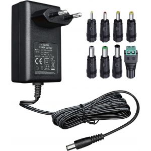 KALANKA-Adaptateur d'alimentation 9 V 1 A/1 000 mA 1,8 m, Prise Adaptateur de Commutation AC 100-240 V vers DC 9 V 1 A 9 W avec 8 Embouts interchangeables pour appareils 9V, certifié CE - Neuf