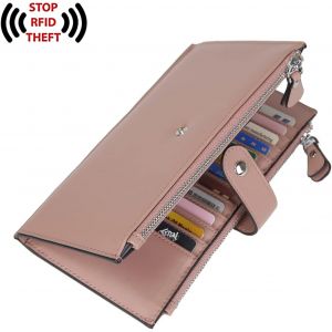 Femme Portefeuille Porte Cartes Cuir De Vachette Blocage Rfid Poche À Fermeture Éclair Pratique Bifold Mauve Pâle - Neuf