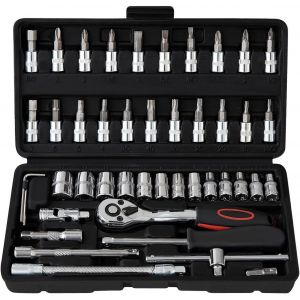 46 Pcs Cr-V Kit De Cle Plate A Cliquet Et Cl&eacute; &Agrave; Douille,Cl&eacute; &Agrave; Cliquet 1/4"" 72 Dents,Cl&eacute; Plate &Agrave; Cliquet Avec Boite A Outils.Outillage Mecanique Auto Chrom&eacute; Et Poli Miroir,Id&eacute;al Pour R&eacute;paration - Neuf