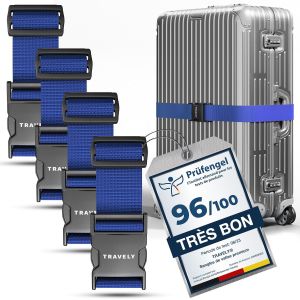 TIANYI-&reg; Lot de 4 sangles de valise de qualit&eacute; sup&eacute;rieure, particuli&egrave;rement attrayante et s&ucirc;re, avec 2 &eacute;tiquettes &agrave; bagage, sangle de bagage id&eacute;ale en croix, bleu marine - Neuf