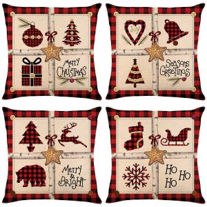 Ensemble De 4 No&euml;l Housses De Coussin, 45 X 45 Cm, Carr&eacute;, Avec Une Fermeture &Agrave; Glissi&egrave;re Invisible Pour Canap&eacute;, Chambre &Agrave; Coucher, Salon, D&eacute;coration De La Maison, Avec Le Rouge Et Le Noir De La Gril - Neuf
