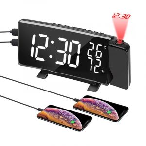 Projection Réveil avec Double Alarme, Plafond, Radio-réveil, 180° les Grands Chiffres de l'Horloge Numérique, 3 de Couleur de l'Interrupteur, Double Alarme, Double Port USB - Neuf