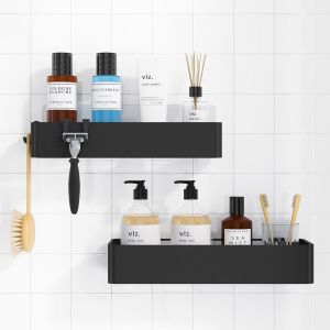 CAUC-&Eacute;tag&egrave;re de Douche pour Salle de Bain - Lot de 2 &Eacute;tag&egrave;res Murales sans Per&ccedil;age, Rangement et Organisation de la Salle de Bain, 11,7 x 29,9 x 5,5 cm, Noir - Neuf