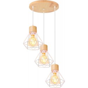 Subzonal-3 Lampes Suspension Luminaire Industrielle E27 Plafonnier Vintage Lustre Abat-Jour En M&eacute;tal Et Bois &Oslash;160mm R&eacute;tro Pour Salon Cuisine Chambre (Base 25cm-En Bois) - Neuf