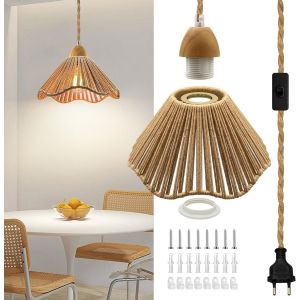 Kal-Lustre Corde De Chanvre Câble 5.1m, Douille E27 Avec Interrupteur, Lustre Corde Avec Prise, Lampe Suspendue Avec Abat-Jour, Cable Suspension Luminaire Intérieur Vintage Pour Chambre À Coucher,Sal - Neuf