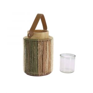 LANTERNE BOIS FICELLE VERRE 20CM NATURE CR&Egrave;ME VERT - Neuf