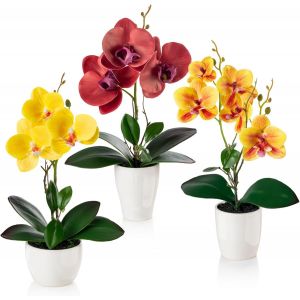 &reg; Fleurs artificielles en pot (35 cm) u2013 Lot de 3 orchid&eacute;es artificielles, en pots en c&eacute;ramique brillante, fleurs artificielles, orchid&eacute;es artificielles (rouge, orange, jaune) - Neuf