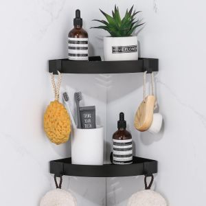 &Eacute;tag&egrave;re d'angle de Douche, Etagere Salle de Bain sans Percage Acier Inoxydable Panier de Rangement de Cuisine Organisation de Douche avec 4 Crochets, Porte Shampoing Douche Noir - Neuf
