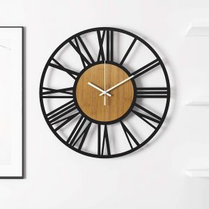 Grande horloge murale ronde en bois noir pour décoration de salon, chiffres romains rétro, silencieuse, anti-chatouillement, idéale pour la maison, le jardin, le bureau et le café. - Neuf