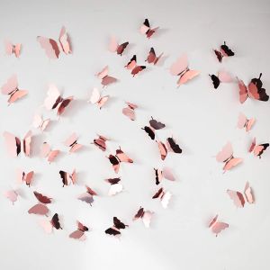 (Or rose) 48 pi&egrave;ces Papillon D&eacute;coration murale DIY Miroir 3D Papillon Autocollants Papillon Amovibles pour la maison Cr&egrave;che Salle de classe Enfants Chambre Salle de bain Salon D&eacute;cor - Neuf