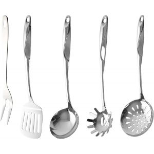 Kal-Ensemble D`Ustensiles De Cuisine En Acier Inoxydable 5 Pièces, Avec Spatule Et Écumoire Pour Pâtes, Une Louche À Soupe, Une Spatule, Fourchette À Découper (Argent 8) - Neuf
