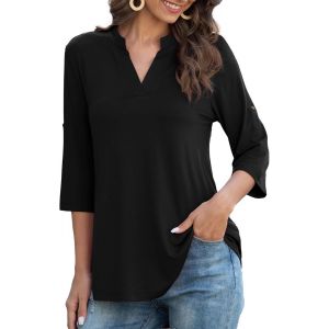 Utigh-Tunique Femme Chemisier Élégant À Col En V Pour Femme Chic Chemisier Ample À Manches Enroulables À 3/4 Manches Longues Lâches Hauts De Base T-Shirt Imprimé Floral/Couleur Unie Blouses - Neuf
