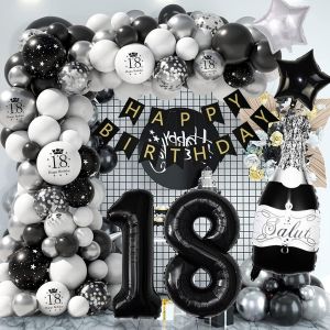 ChicSlick-Décoration Anniversaire 18 Ans - Ballons Argent Noir, Bannière Happy Birthday, Arche Ballon Pour Fille Garçon[X311] - Neuf