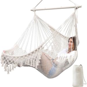Ulteronixshop-Si&egrave;ges Suspendus Chaise Hamac Chaise Suspendue Tr&egrave;s Grand Chaise en Coton tiss&eacute; Doux,Barre d'&eacute;cartement en m&eacute;tal Solide et Pliable Chaise balan&ccedil;oire en Dentelle &agrave; si&egrave;ge Large et Extensi - Neuf