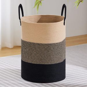 MEVRONISSHOP-Grand panier &agrave; linge, grand panier de rangement en corde tiss&eacute;e pour couverture, jouets, v&ecirc;tements sales dans le salon, la salle de bain, la chambre &agrave; coucher &iquest; 72 l marron et noir - Neuf