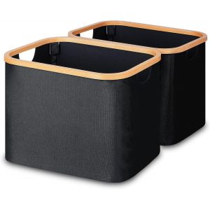 Panier à Linge Pliable 50 L, Panier à Linge Pliable avec Poignées en Bambou, Panier de Rangement Noir pour Chambre à Coucher, Salle de Bain, Buanderie - Neuf