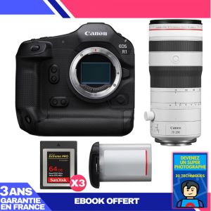 Boitier Canon EOS R1 + RF 70-200mm f/2.8 L IS USM Z White + 3 SanDisk 64GB Extreme PRO CFexpress Type B + Canon LP-E19 + Ebook 'Devenez Un Super Photographe - Neuf