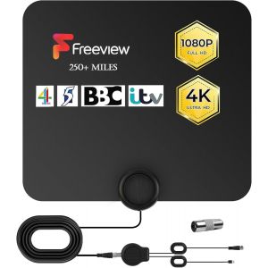 Antenne TV Int&eacute;rieur TNT HD, 420KM Antenne TV Int&eacute;rieur Puissante Longue port&eacute;e avec 12 FT de C&acirc;ble Coaxial, 1080P 4K VHF UHF HD Antenne avec Amplificateur de Signal Soutien Smart TV - Neuf