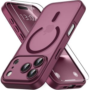 KALANKA-Magn&eacute;tique Coque pour iPhone 17 Pro avec 1 Verre Tremp&eacute;, Compatible avec MagSafe, Protection Contre Les Chutes de qualit&eacute; Militaire, Coque Mat Translucide Fine Antichoc -Bordeaux - Neuf