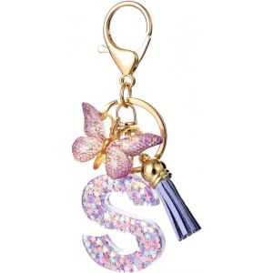 KAL-Porte Cl&eacute; Femme Nom Lettre Initiale Porte Clef Femme Porte-Cl&eacute;s Fille Keychain Alphabet Papillon Porte Cl&eacute; Voiture Cadeaux Copines - Neuf