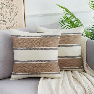 Slep-Lot De 2 Housse De Coussin 40 X 40cm Taie D'oreiller D&eacute;coratif Canap&eacute; En Lin Marron Rayures Taie D'oreiller Moderne Carr&eacute; Housse Coussin Pour Canap&eacute; Lit Chambre Chaise Jardin - Neuf