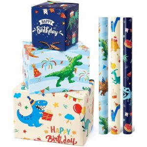 Rouleaux De Papier Cadeau Dinosaure - 3 Rouleaux De Papier Cadeau Dinosaure Bleu Pour Enfants Garçons Papier Cadeau De Fête D'anniversaire Jurassique Avec Ligne De Découpe 43cm X 3m - Neuf