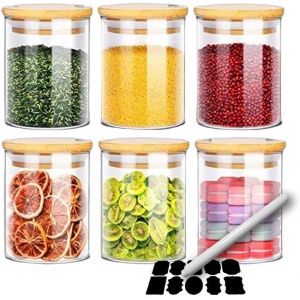 Lot De 6 Bocaux De Conservation En Verre Avec Couvercles En Bambou - 500 Ml - 6 Couvercles Et &Eacute;tiquettes - Contenants Alimentaires En Verre Borosilicate Pour Sucre, Grains De Caf&eacute;, Noix, - Neuf