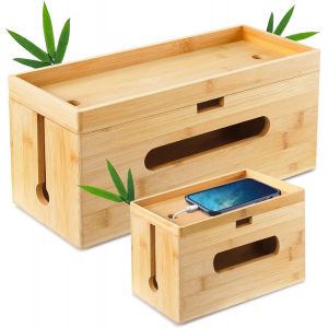 Bo&icirc;te Cache c&acirc;ble en Bambou - 2 en 1 Set Bo&icirc;tes Rangement C&acirc;bles - Cache multiprise, Bo&icirc;te pour Rangement des c&acirc;bles, Bo&icirc;te multiprise - Neuf