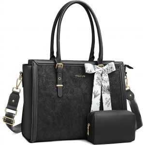 acdsgd-Sac Ordinateur Femme 17-17,3 Pouces,Sac Fourre-tout en Cuir PU Compatible avec MacBook,HP,Dell,Asus,Sac PC Portable R&eacute;tro Hibiscus Gaufr&eacute; avec &Eacute;charpe Soie&Pochette,Noir - Neuf
