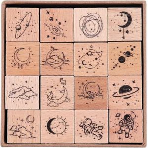 Nouveau produit,16 pi&egrave;ces tampons en caoutchouc en bois vintage,ensemble de tampons en caoutchouc d&eacute;coratifs Universe & Galaxy - Neuf