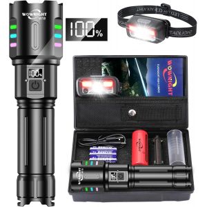 JEXNOVASHOP-Lampe Torche Led Ultra Puissante, Torche Led Puissante Rechargeable 500000 Lumen, Lampe Tactique, Gradation Continue, Écran LCD, pour Situations D'urgence Camping Cadeaux - Neuf