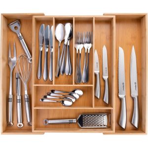 Eryi-Range Couverts Pour Tiroir - Organisateur Tiroir Cuisine Extensible 46x34-56,5x6 Cm - Rangement Couvert Avec 6 À 8 Compartiments - Pour Ustensiles, Lunettes De Soleil Et Plus - Bambou - Neuf