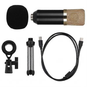 Microphone USB à condensateur portable pour ordinateur portable avec trépied (noir et or) - Neuf