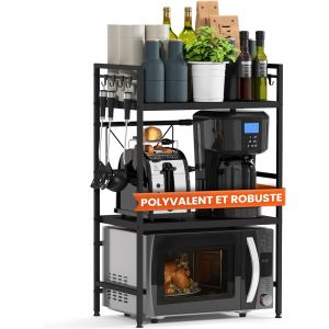 Subzonal-Tag&egrave;re Micro-Ondes &Eacute;tag&egrave;re De Cuisine En Acier (3 Niveaux) | Meuble Micro-Ondes Support Four | Rangement Cuisine Ajustable En Hauteur & Longueur + Vid&eacute;o De Montage, Crochets &iquest; Noir - Neuf