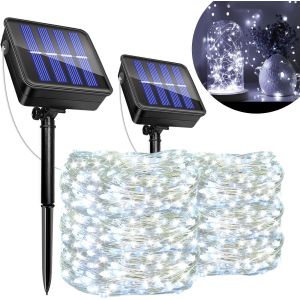 AIOU-Lot De 2 Guirlande Lumineuse Exterieure Solaire,12M 120Led Solaire Guirlande Jardin,8 Modes,Ip65 Étanche,Intérieure Extérieure Décoration Pour Sapin De Noël,Jardin,Terrasse,Balcon(Blanc F - Neuf