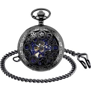 Bnhgc-Montre De Poche Mécanique Homme, Montre De Poche Vintage, Steampunk Gears Séries Squelette Cadran En Chiffres Romains, Boîtier D'acier Inoxydable Noir, Pour Homme Femme - Neuf