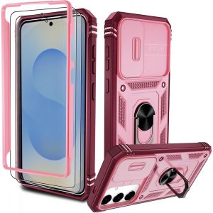 TRAHOO-Coque Samsung S25 Plus Antichoc&iquest;avec 2*Verre Tremp&eacute;+Full Protection Cam&eacute;ra Coulissante&iquest; Anneau Support, &Eacute;tui de PC Dur et TPU Silicone Militaire Anti-Rayures,pour Galaxy S25 Plus 5G,Rose - Neuf