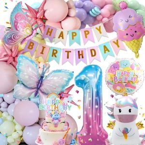ChicSlick-Decoration Anniversaire 1 An Fille, 1 An Ballons Décoration Pour Anniversaire Enfant Décoration Licorne, Bannière Anniversaire Enfants 1 An, Ballon En Aluminium Licorne Papillon Po[X869] - Neuf