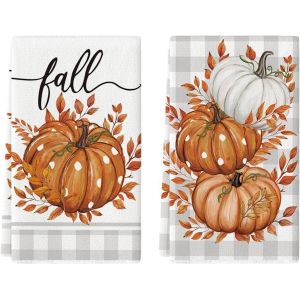 KALANKA-Lot de 2 torchons de cuisine en polyester Motif carreaux d'érable Orange Citrouilles Automne 42 x 65 cm - Neuf