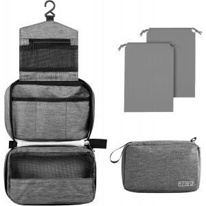 KALANKA-Trousse de Toilette Homme Femme Voyage, Trousses Toilette Grande Capacité à Suspendre avec Crochet et Poignée, 1 Trousse de Toilette + 2 Sac à Cordon, Gris - Neuf