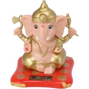 Statue de Ganesh à énergie solaire (10 x 10 x 12 cm) pour le tableau de bord de la voiture Décoration du temple Statue de Bouddha éléphant hindou Sculpture mignonne Idole de Ganesh Mini (couleur nude) - Neuf