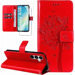 Sansh-Coque Pour Samsung Galaxy A16 4g/5g Etui Portefeuille Cuir Avec Verre Trempé Motif Porte Carte À Rabat Clapet Housse Protection Flip Case Étui Coque Pour Samsung Galaxy A16 4g/5g-Rouge - Neuf