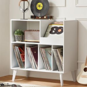 Grand support &agrave; vinyles avec rangement, support pour tourne-disque avec &eacute;tag&egrave;re pour platine et albums, pr&eacute;sentoir pour jusqu'&agrave; 300 disques, meuble d&eacute;coratif pour musique, salon et salle de r&eacute;ception. - Neuf