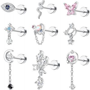 9pcs 16g Piercing Oreille Pour Femme Acier Chirurgical Boucles D'oreilles Cartilage Tragus Piercing Labret Mauvais ?il/Papillon/Le Serpent Dangle Oreille Piercing Tragus Piercing Bijoux.[X1247] - Neuf