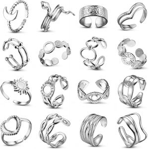 Adramata 16 Pcs Bague Femme Acier Inoxydable Bagues Boho Bague Minimaliste Fleur Coeur Papillon Bague Empilables Bagues De Pouce Ouvert Punk Bague Reglable Argent Bague Femme[X815] - Neuf