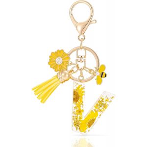 KAL-Letter Keychains Initiale Lettre Porte Clef Lettre,Alphabet Initial Keyring Avec Pampille Pendentif,Jaune Pétales Feuille D'Or Key Ring Pour Femmes Filles Portefeuilles Sac À Main Charme - Neuf