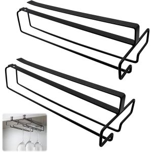 MEVRONISSHOP-Lot de 2 porte-verres &agrave; vin suspendus en m&eacute;tal sous l'armoire - Pour cuisine, bar, restaurant (noir) - Neuf