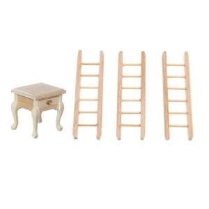 1/12 Dollhouse Simulation Table De Chevet En Bois + Escabeau - Neuf